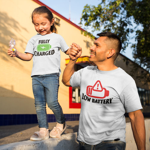 Fully Charged Low Battery White Tshirts for mom dad and kid